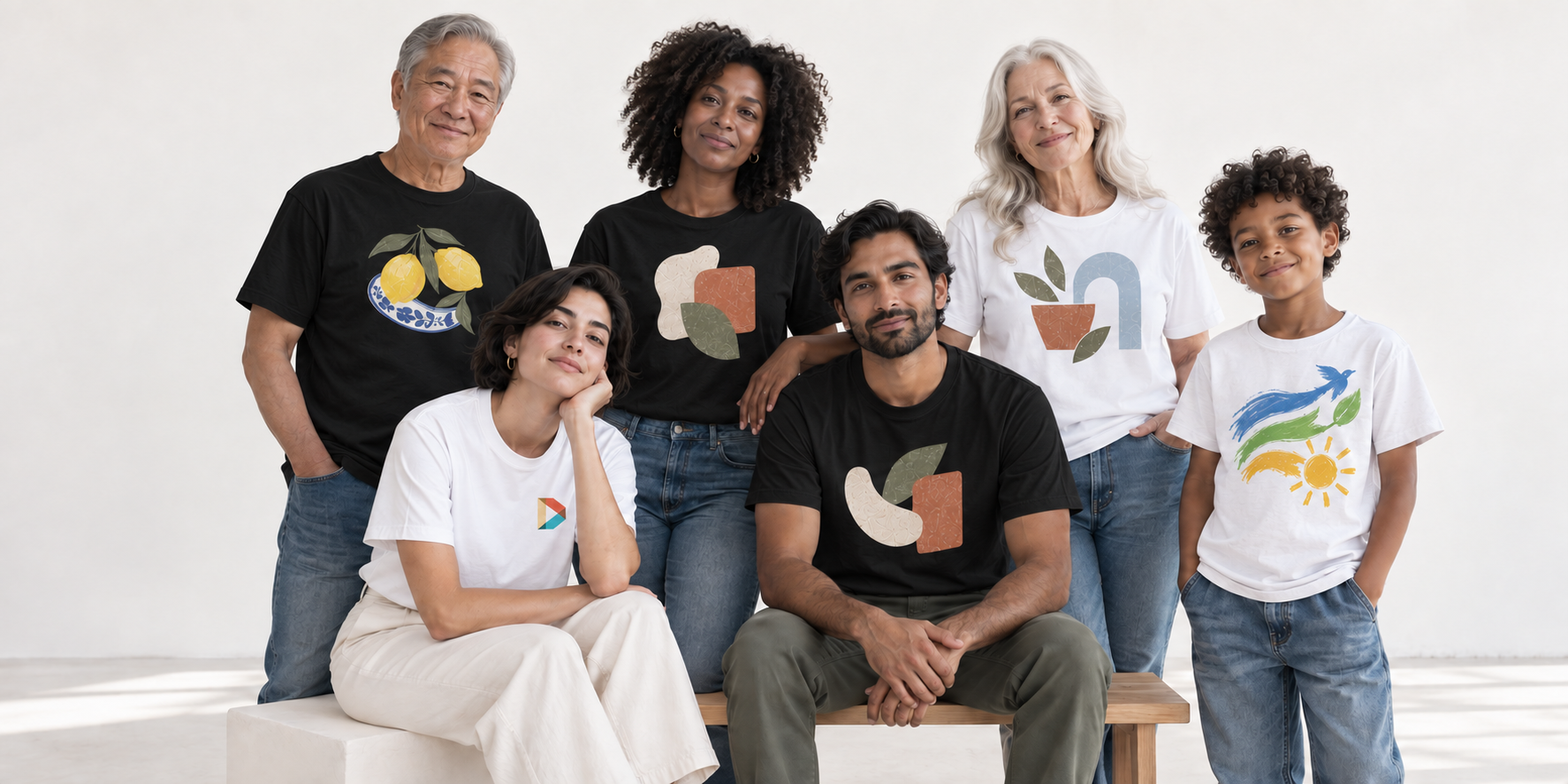 Seis pessoas de diferentes idades usando roupas Designful com suas próprias estampas coloridas.
