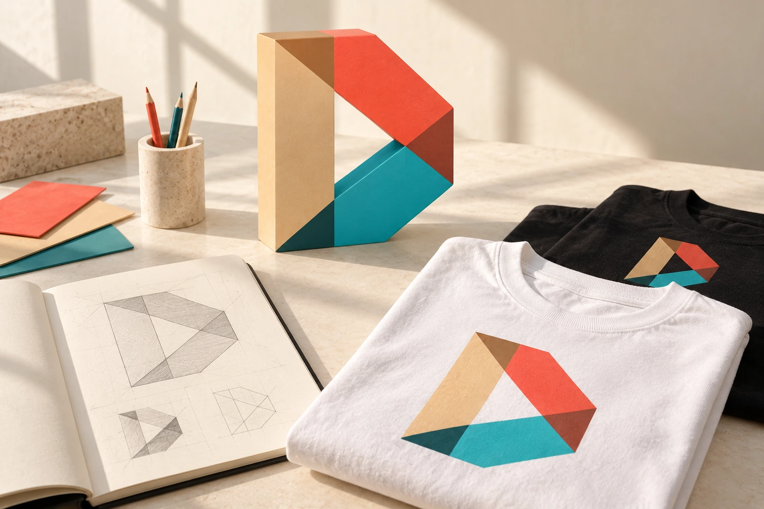 Escultura do logo Designful, esboços geométricos e estampas correspondentes em camisetas pretas e brancas em um estúdio iluminado pelo sol