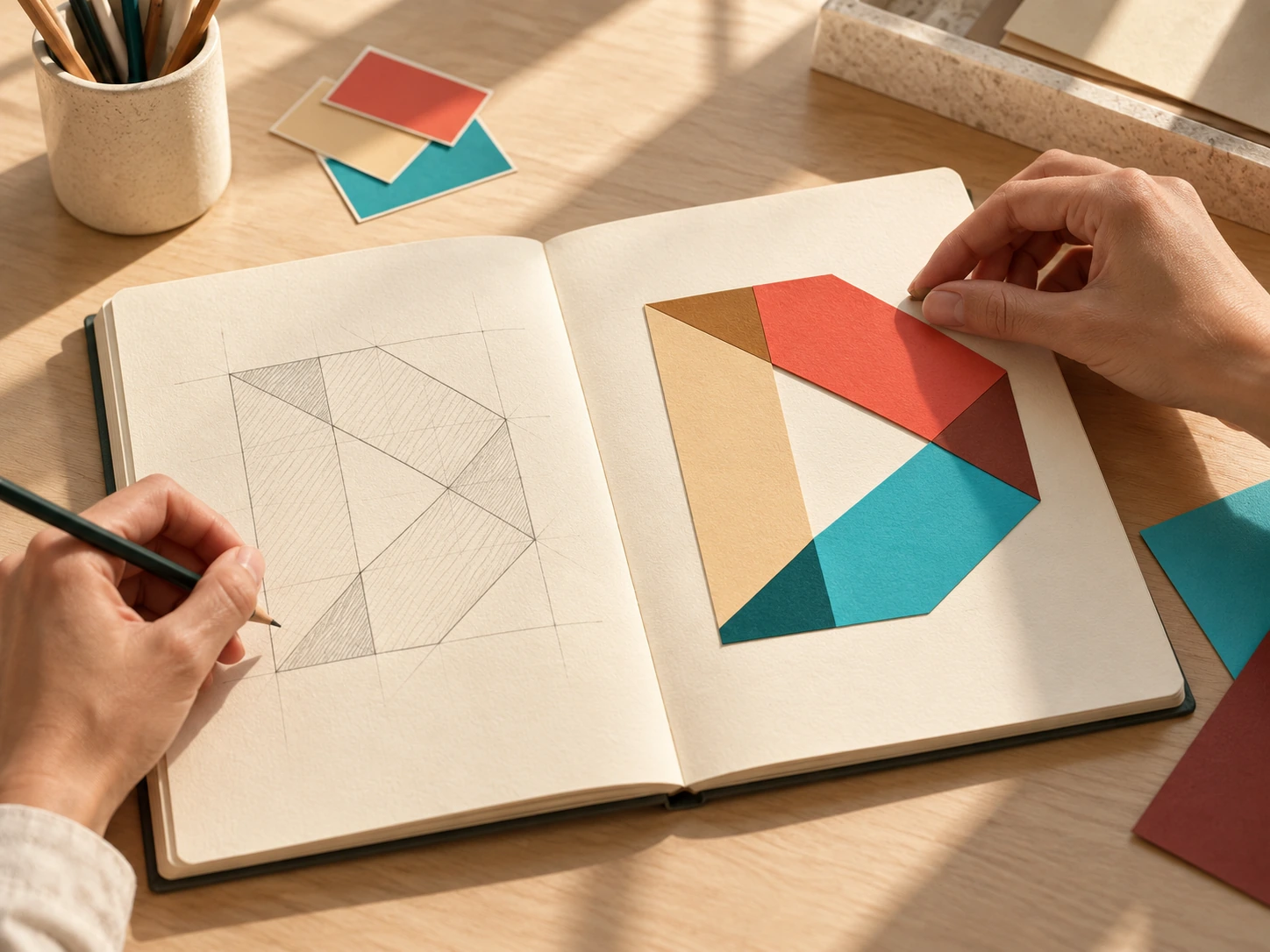 Mãos criando o logo Designful com linhas a lápis e formas de papel bege, coral e verde-azulado