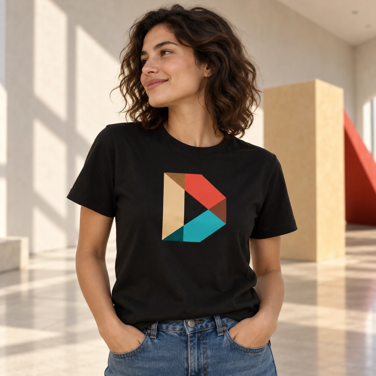 Mulher usando camiseta preta de algodão com o logo Designful em uma galeria iluminada pelo sol