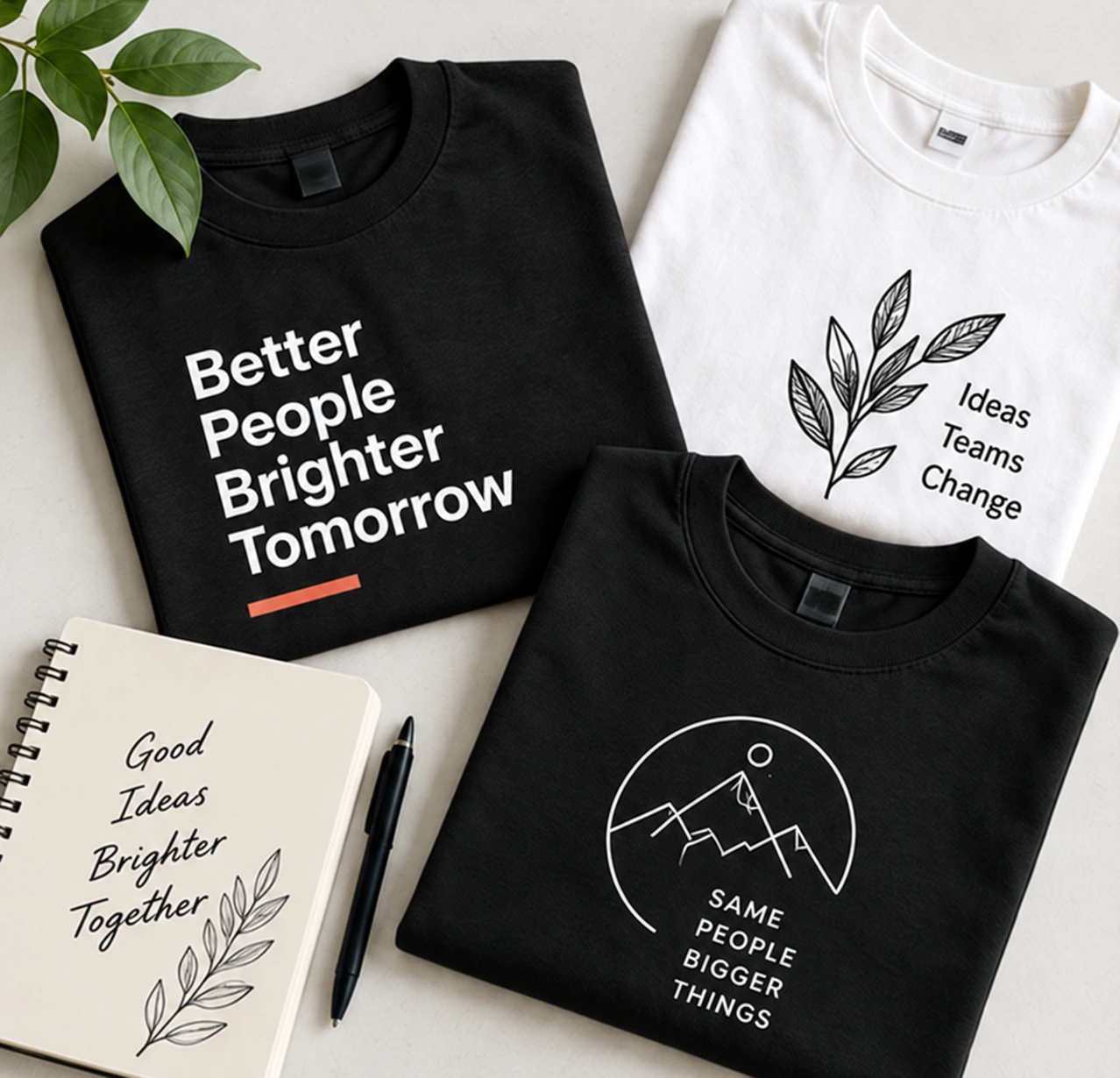 Camisetas pretas e brancas personalizadas com estampas botânicas, tipográficas e de montanhas
