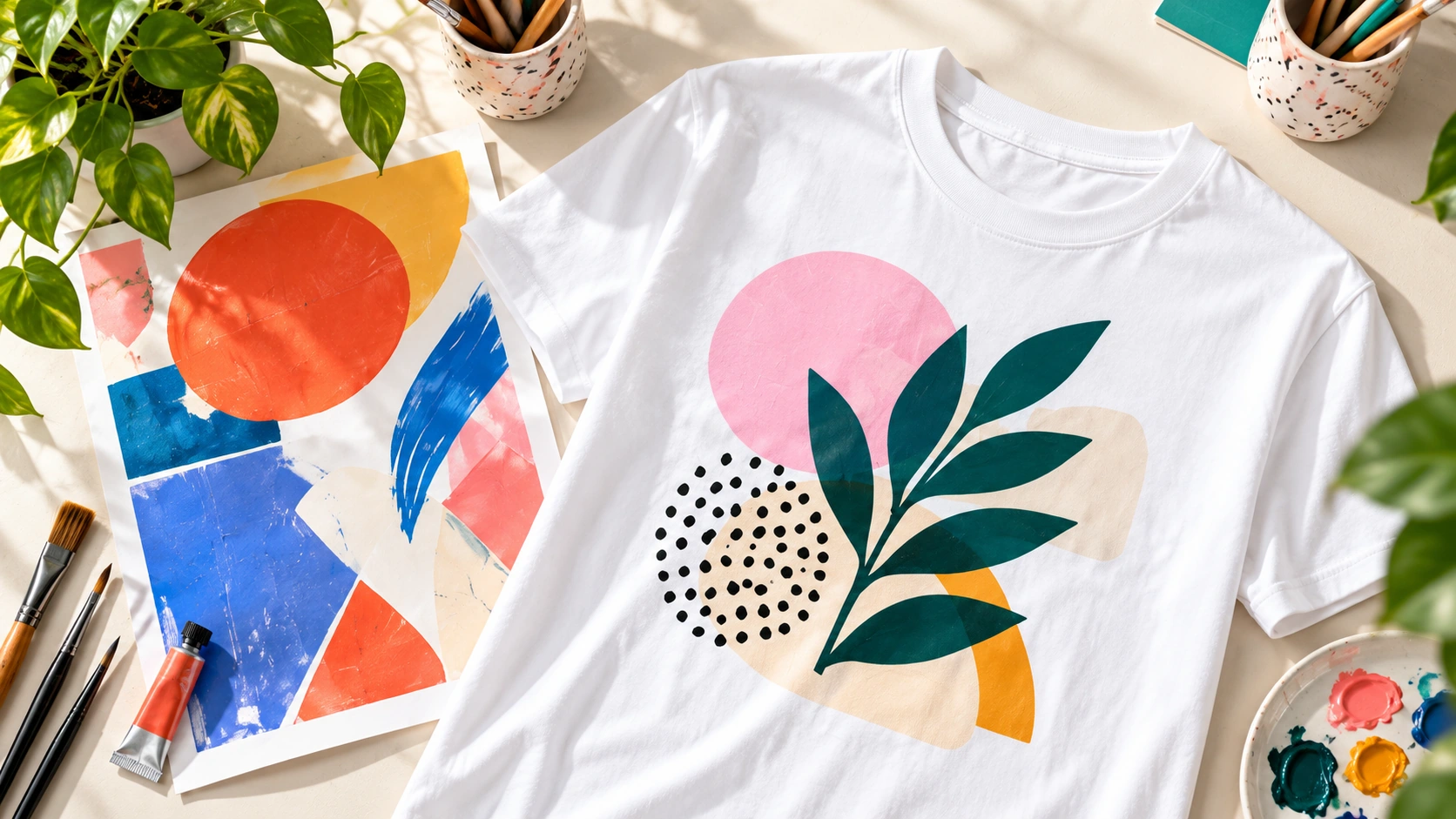 Camiseta blanca con ilustración de colores sobre una mesa creativa