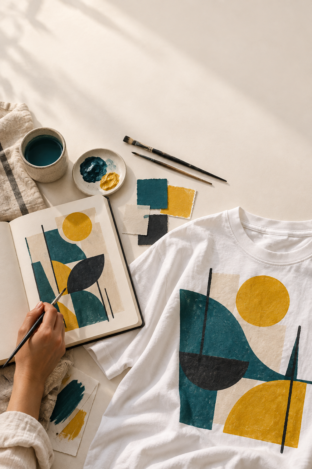 Pintura original ao lado da camiseta com a mesma estampa