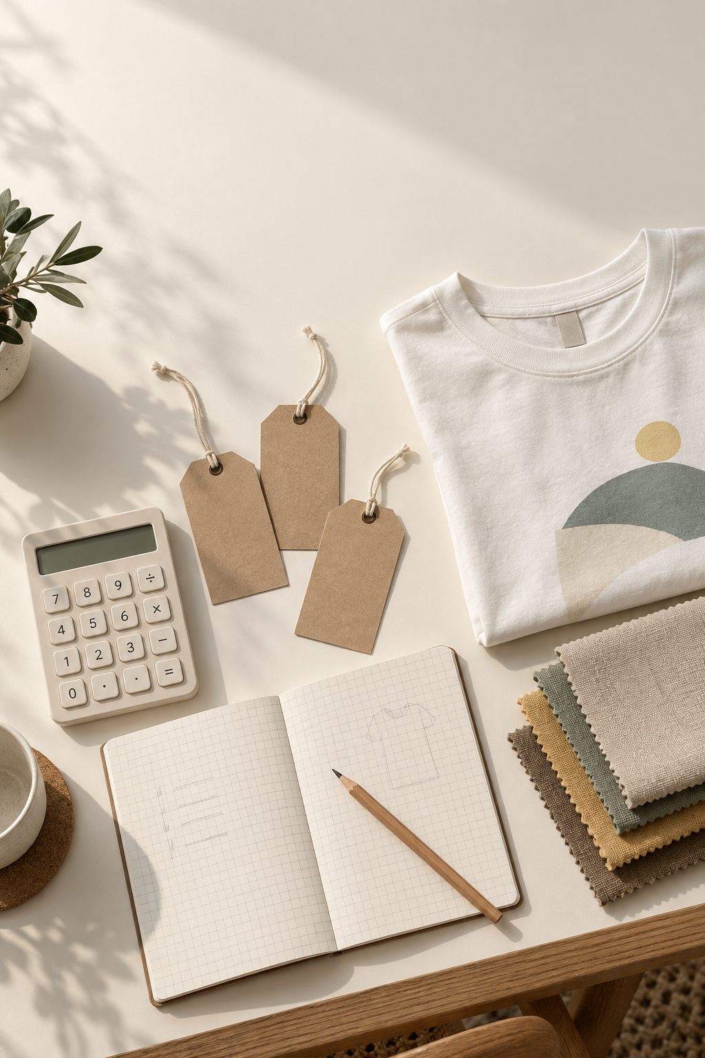 Calculadora, etiquetas em branco e amostras de roupas para planejar preços