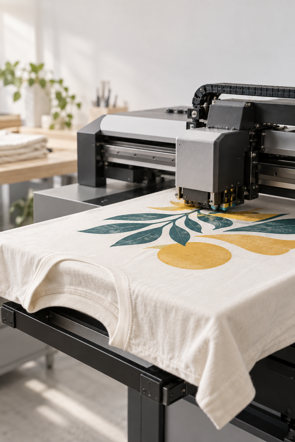 Impressora de roupas aplicando um design verde-azulado e amarelo em uma camiseta branca